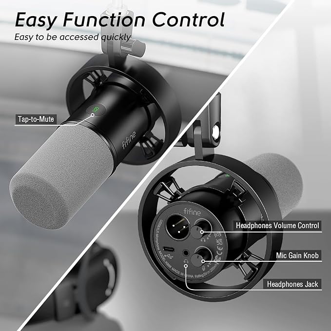 FIFINE Dynamic Microphone and Heavy Duty Boom Arm Kit,XLR/USB Podcast Recording PC Mic Set with Headphone Jack, Monitoring Volume Control, Windscreen for Vocal Streaming Voice-Over Gaming (K688+BM63)