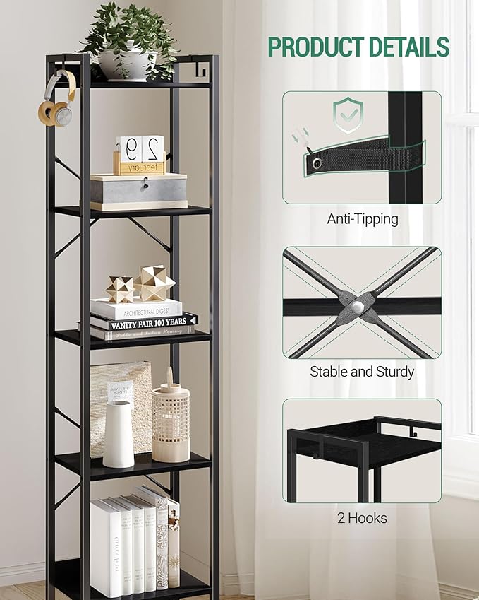 Hzuaneri Bookshelf, Book Shelf, Industrial Bookcase with 2 Hooks, Coner Shelf Storage Organizer for Home Office, Living Room, Bedroom, Kitchen, 5-Tier Black BC10504B