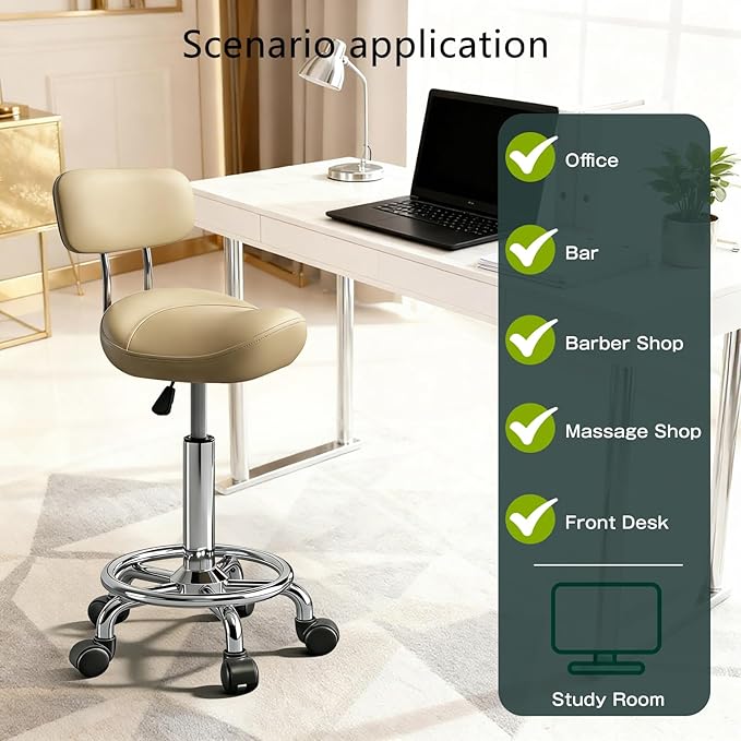 Saddle Stool with Back and Ring Pedal, Adjustable Hydraulic Rolling Chair with Wheels for Salon, Spa, Medical, Massage & Drafting Use Khaki