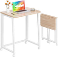 4NM 23.6" Mobile Small Folding Desk, Foldable Rolling Computer Home Office Desk, Study Writing Table for Small Space Saving Bedroom, with Wheels - Natural and White