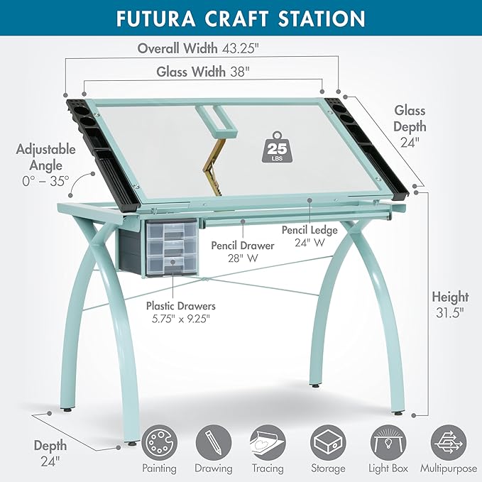 SD Studio Designs Futura Craft & Drawing Table with Adjustable Tempered Safety Glass Top – Modern Art Desk with Storage Drawers, Pencil Ledge, Glossy Sage/Clear Glass