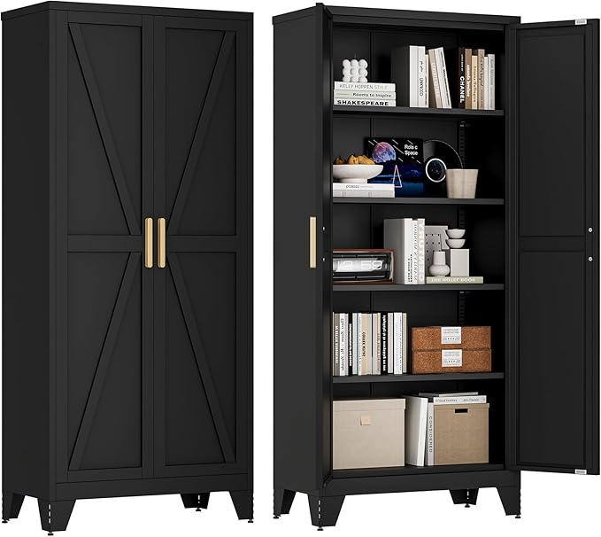Washsemba 71'' Farmhouse Metal Storage Cabinet with Barn Doors,Steel File Cabinet for Home Office,Kitchen Pantry 4 Adjustable Shelves,Freestanding Cupboard for Kitchen,Home Office (Black)