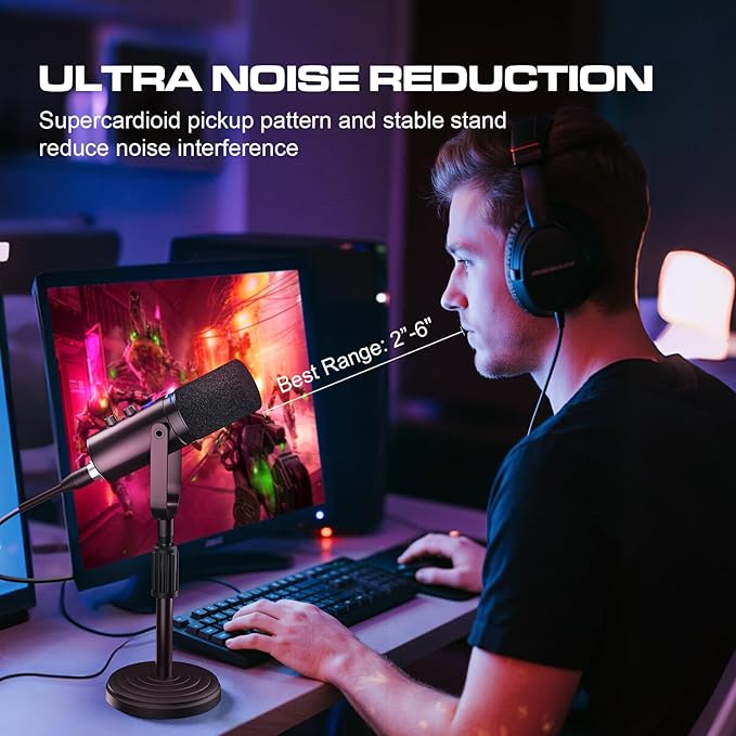 PUPGSIS Recording PC Microphone, Podcast Dynamic Mic with Mute Button, Reverb Effects, Headphones Jack, Desktop Stand, USB-C & XLR Outputs, USB Mic for Gaming, Streaming, Vocal, Voice-Over, Black