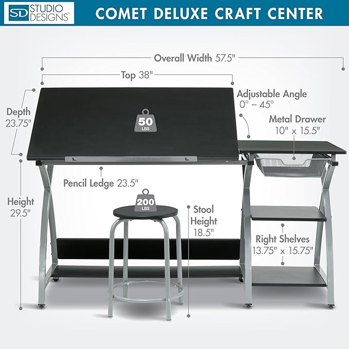 Deluxe Comet Craft Station with Stool, Adjustable Drafting & Art Desk with Storage Shelves, Pencil Ledge, Wire Mesh Drawer, 45° Tilting Top, Steel Frame, Silver/Black