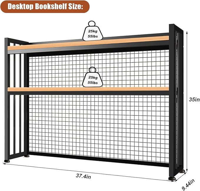 Desktop Hutch Bookshelf,2-Tier Metal Desk Shelf, Storage DisplayShelf for Computer Desk, Multifunctional Freestanding Storage Rack for Office, Home Decor (37.4 * 35.9 * 9.44 in)