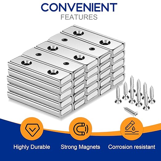 TRYMAG Neodymium Magnets 45Lbs, 40 x 13.5 x 5mm Strong Bar Magnets with Countersunk Hole and Steel Capsule, Heavy Duty Industrial Rare Earth Magnets with Screw for Wall Mounting, Pack of 25