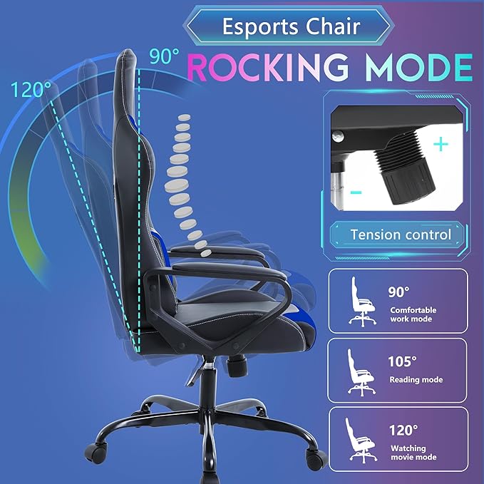 PayLessHere Ergonomic Racing Desk Chair Gaming Chair Computer Chair with Armrests 360° Swivel & Caster Pu Desk Task Chair Executive Headrest Lumbar Support for Back Pain Women Men and Adults, Blue