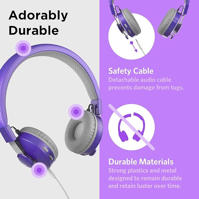 LilGadgets Untangled Pro On-Ear Wireless Kids Headphones for School, Microphone, Volume Limited, SharePort Technology, SoftTouch Padding - Purple Bluetooth Headphones