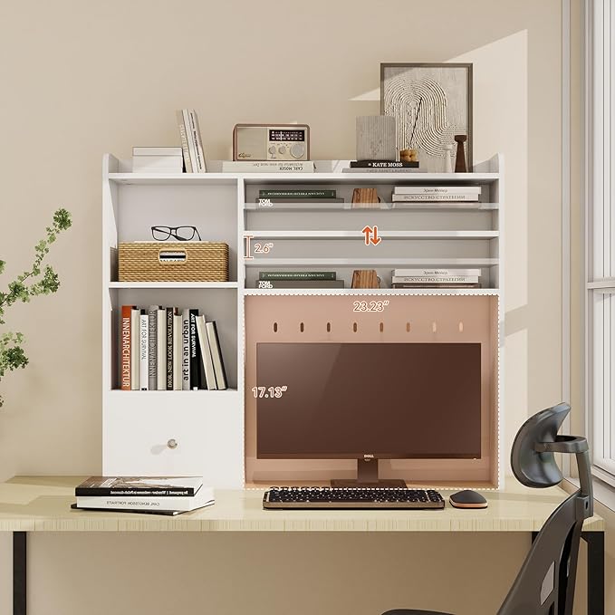 ELECWISH Desktop Bookshelf, Desk Shelf with 2 Drawers for Computer Desk, 36.22" 7-Tier Adjustable Desktop Hutch Organizer with Pegboard for Home Office, Oak