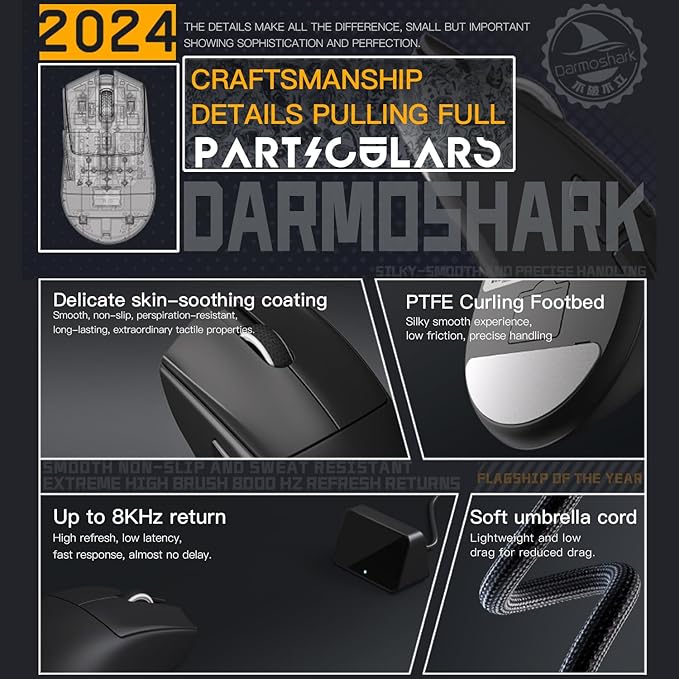 Darmoshark N5 Wireless Gaming Mouse,Tri-Mode 2.4G/USB-C/Bluetooth Mouse Up to 26000DPI,PAW3395 Optical Sensor,PC Gaming Mice with 7 Programmable Button,Suitable for Windows and Mac,500mAh-B