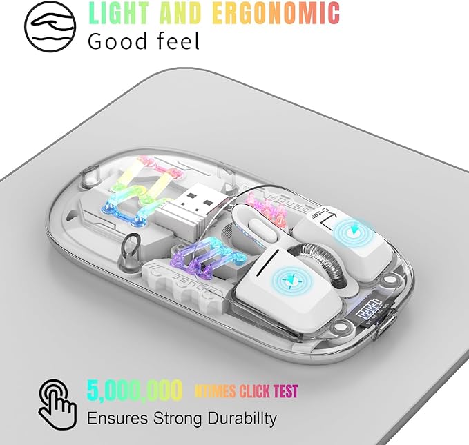 Wireless Bluetooth Mouse, Transparent BT + 2.4G Dual-Mode Mechanical Mouse with Magnetic Top Cover, Rechargeable RGB Backlit Gaming Mouse for Gaming/Esports/Desktop/Laptops/Tablets (White)