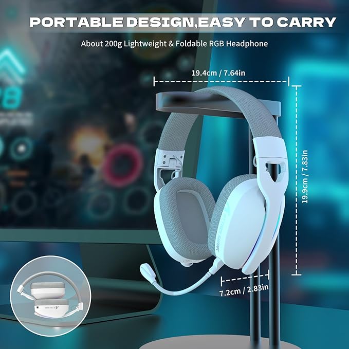 ATTACK SHARK L90 Ultra-Light Wireless Headset,RGB,Foldable,Triple- Mode-2.4Ghz/Bluetooth/Wired Gaming Headphone with mic,40mm Driver,7.1 Surround Sound,for Xbox/PS4/PS5/PC Customize via Software-White