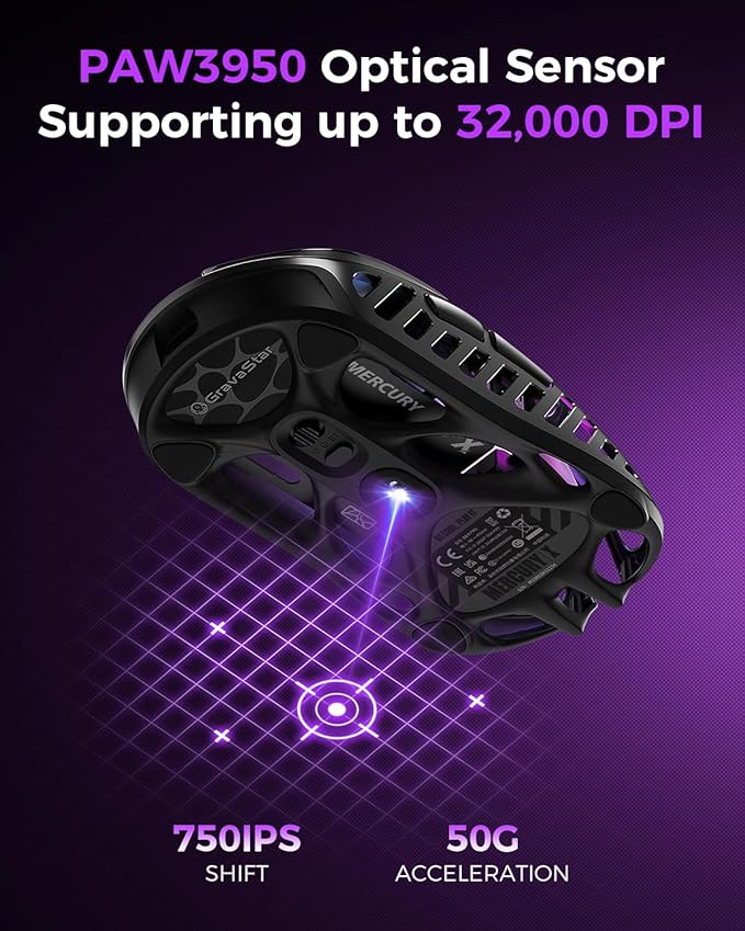 GravaStar Mercury X Wireless Gaming Mouse – 32,000 DPI PAW 3950 Sensor, 1000Hz Polling Rate, Only 49g, Magnesium Alloy Hollow Frame, RGB Lighting, 5 Programmable Buttons