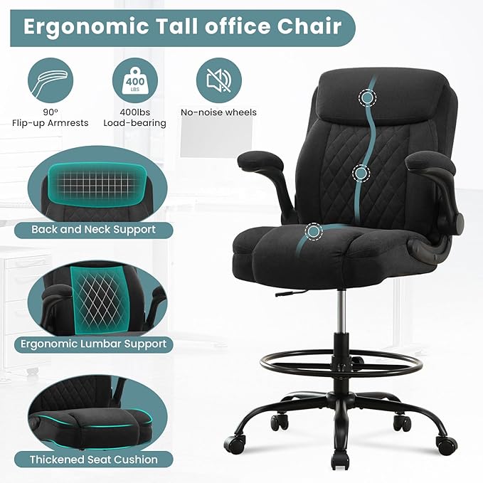 MAHOMICO Drafting Chair for Standing Desk – Tall Office Chair with Adjustable Height & Foot Ring, Flip-Up Arms, Lumbar Support – Comfortable Fabric Seat, Ideal Home Desk Chair