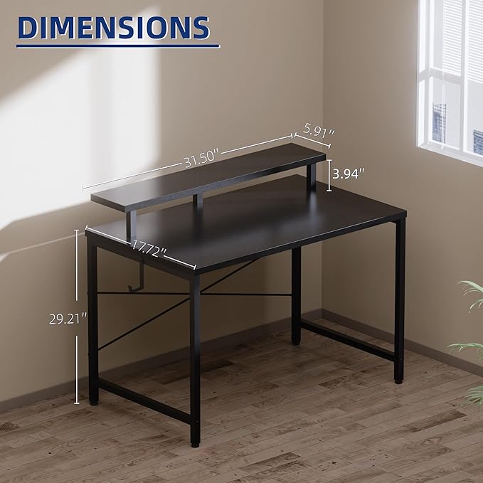 Pamray 32 Inch Small Computer Desk with Monitor Stand, Simple Office Desk with Headphone Hook for Small Spaces, Kids Study Writing Table for Bedroom, Marble