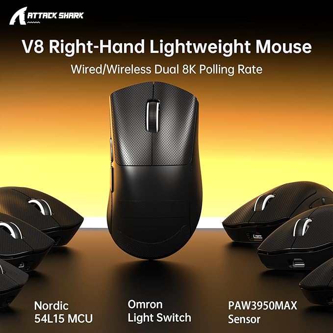 MAMBASNAKE ATTACKSHARK V8 Wireless Ultralight Gaming Mouse with 8K Polling,42000 DPI,Nordic54L15 MCU Chip,PAW3950 Max Sensor-Wired/BT/2.4Ghz,400Hrs Long Battery,Programmable for PC Mac FPS(Black+Tape)