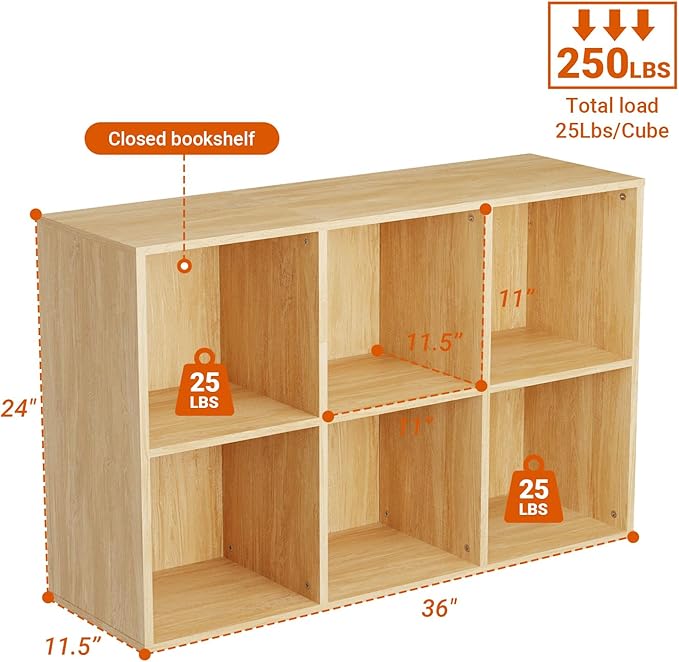 Wooden 6 Cube Storage Organizer with Closed Back Panel, Modern Open Cube Storage Shelf Bookshelf with Compartments, Cube Shelf Organizer for Living Room, Bedroom, Study Room (Wood Color)
