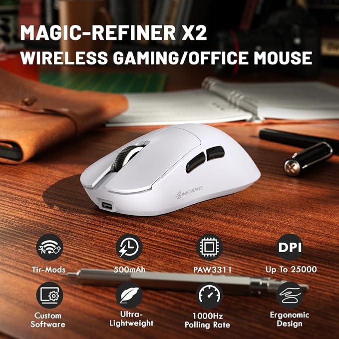 ZIYOU LANG×Magic-Refiner X2 Lightweight Wireless Gaming Mouse,Tri-Mode(2.4G/Wired/BT),25K DPI,PAW3311 Optical Sensor,1000Hz Polling Rate,500mAh,69g Ergonomic Mice for Medium-Large Hands-White