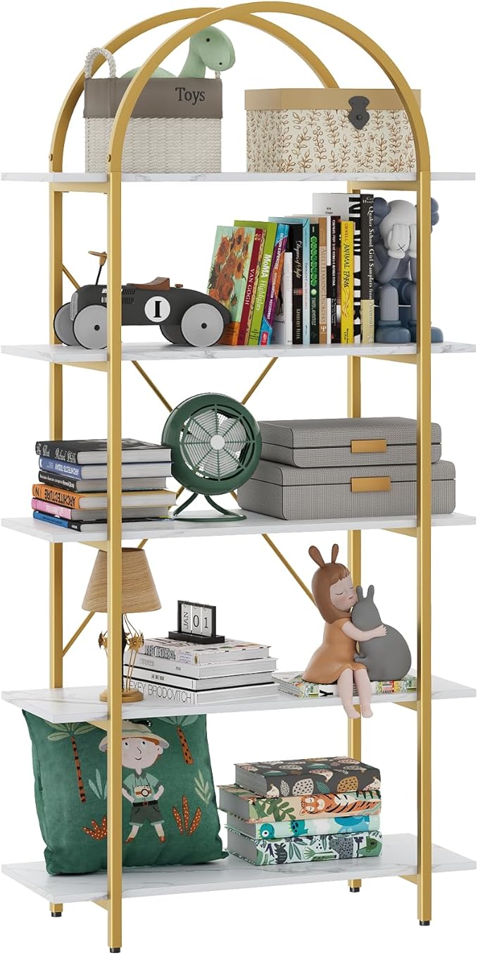 Arbuxzuy Arched Bookshelf 5 Tier Book Shelf, 31.5 Inch Width Industrial Arch Bookcase, Curved Tall Bookshelf with Open Shelves for Home Office, Living Room, Bedroom, Gold