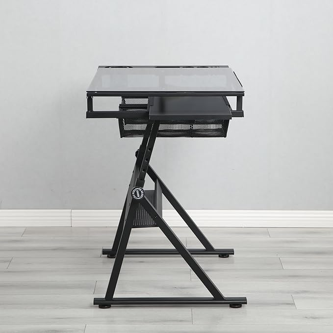 Henf Drafting Table, Height Adjustable Glass Drafting Table Art Desk with Drawers, Art Table Painting Table Art Craft Desk with 0-75° Tilting Glass Tabletop and Storage for Home Office,Black