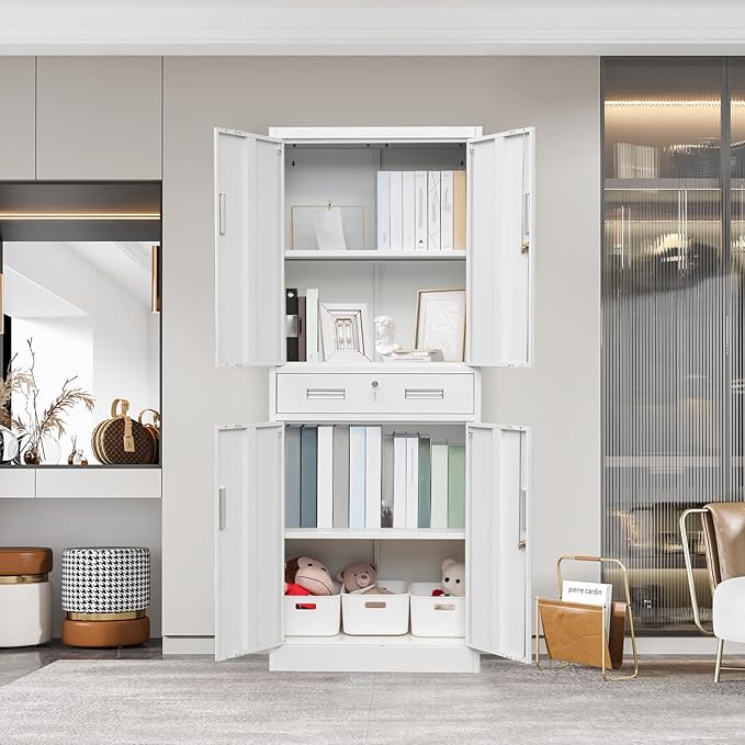 71" H Tall Metal Storage Cabinet with Drawer, Metal Garage Storage Cabinet with Lock and 2 Adjustable Shelves for Home, Office, Garage, Warehouse Organize, White