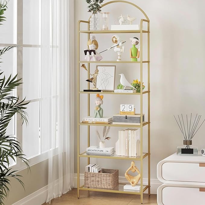 Hzuaneri Bookcase Bookshelf, Tempered Glass Bookshelves, Slim Shelving Unit for Bedroom, Bathroom, Home Office, Steel Frame, 6 Tier Gold BC21699G