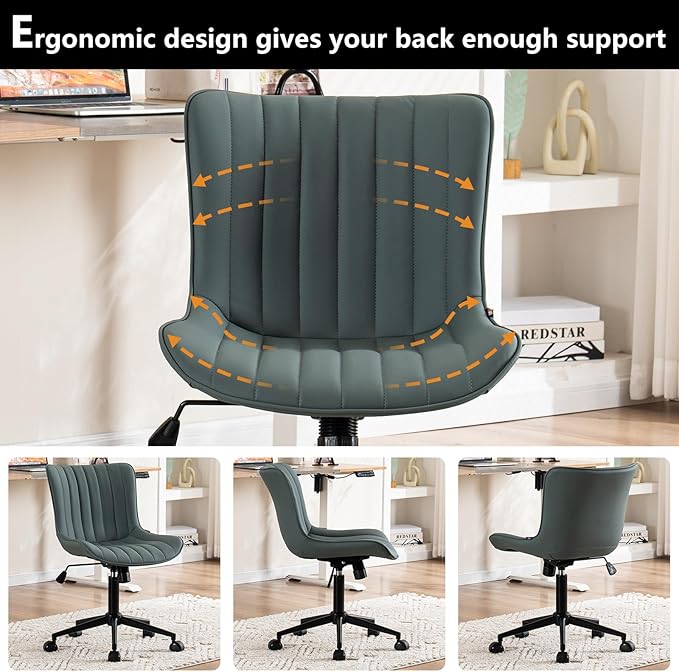 YOUNIKE Ergonomic Armless Office Chair Faux Leather Small Cute Desk Chair with 12° Rocking Back Adjustable Height Swivel Vanity Chair Compact Computer Rolling Task Chair for Small Spaces Greyish Green
