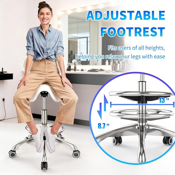 Saddle Chair with Back Support - Tilted Backrest, Adjustable Foot Rest, 350 LBS Capacity Ergonomic, 360° Swivel Drafting Chair for Salon, Spa, Massage, Tattoo, Facial lash, Home, Dentist (White)