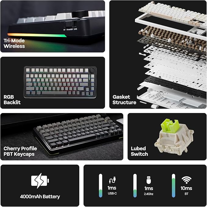 EPOMAKER EA75 75% RGB Gaming Mechanical Keyboard, 2.4GHz/Type-C/BT Creamy Wireless Keyboard with Knob, Shine Through PBT Keycaps, Hot Swappable for Gamers (Black Gradient, Reaper Switch)
