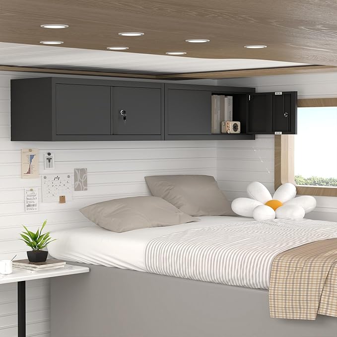 Black Storage Cabinets Wall Mounted, 12.8”H Upper Cabinet for Home, Metal Cabinets with Doors, Locking RV Storage, Floating Garage Tool Cabinet for Warehouse