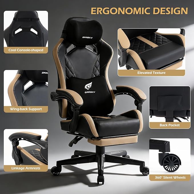 Ergonomic Gaming Chair for Adults with Footrest - PU Leather Computer Gamer Chair with Memory Foam Headrest & Lumbar Pillow, Reclining Silla Gamer Video Game Chair for Home Office, Black & Yellow