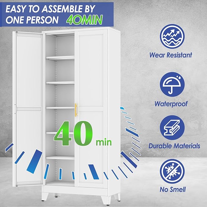 75" Metal Storage Cabinet with Adjustable Leveling Foot,Garage Storage Cabinets with 2 Doors and 5 Adjustable Shelves, Black Steel Cabinet for Office,Home,Garage(White)