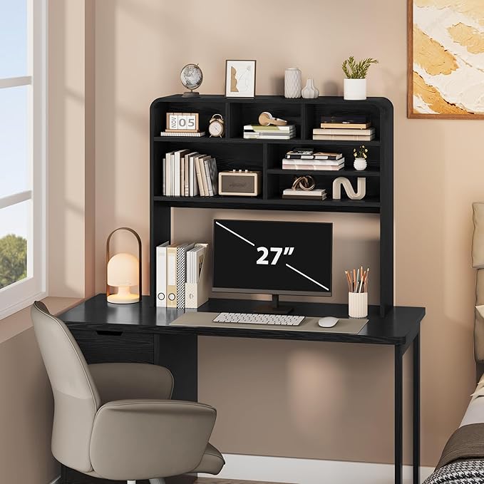 5-Tier Desk Shelf, 37.4''W Desktop Bookshelf for Computer Monitor, Desktop Organizer Shelf Storage Rack with 6 Cubbies, 5-Level Desk Hutch Display Rack for Home, Office, Dorm, Vanity, Black