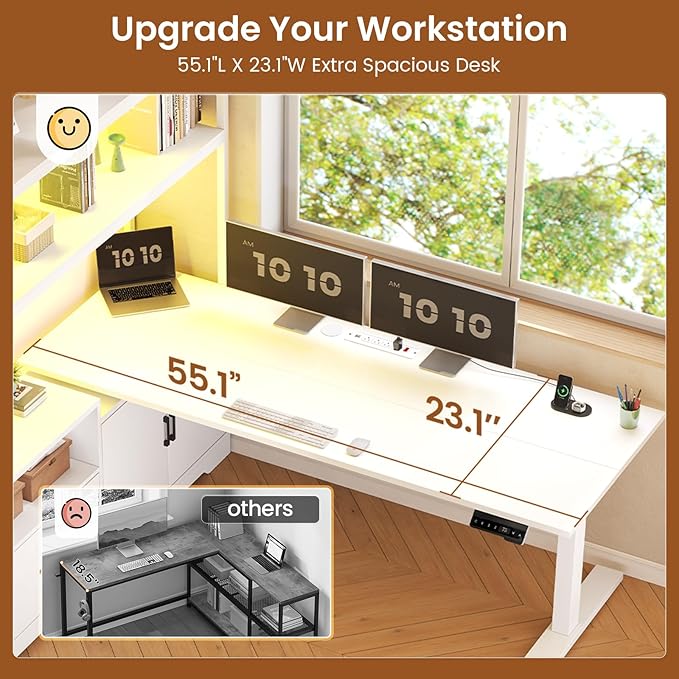 SEDETA 56.7" L Shaped Standing Desk, Reversible Computer Office Desk with Drawers & Hutch, Stand Up Corner Gaming Desks with LED Lights & Power Outlets for Home Office, White