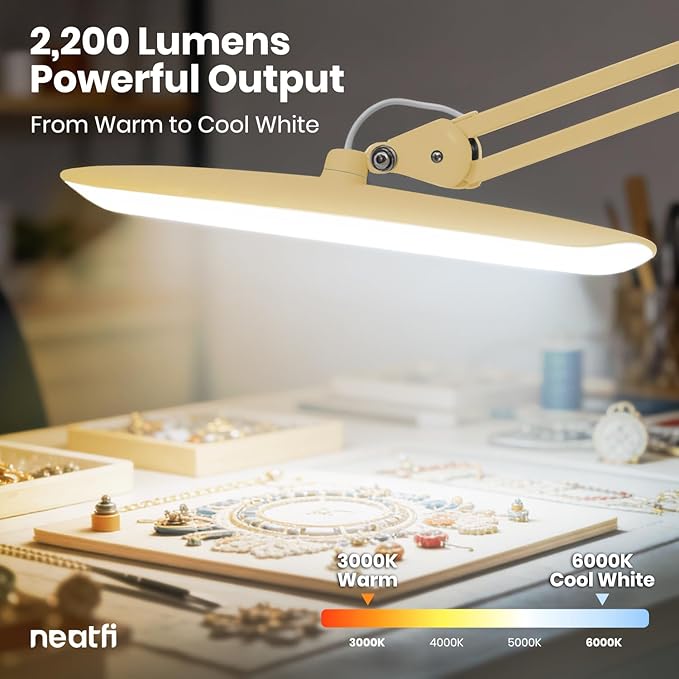Neatfi XL 2200 Lumens 20W LED Desk Lamp with Clamp – Adjustable Color Temperature | 4-Level Dimmable Light | Home Office, Crafts & Workbench | 20-Inch Wide Head (Gold, CCT with Clamp)