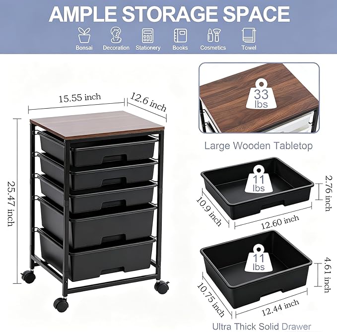 SYKIARIOL 5-Tier Rolling Utility Storage Drawer Craft Cart on Wheels with Wooden Tabletop, Mobile Craft Storage Drawer Cart Trolley for Home Office, Classroom, Craft Room & Kid Room, Black