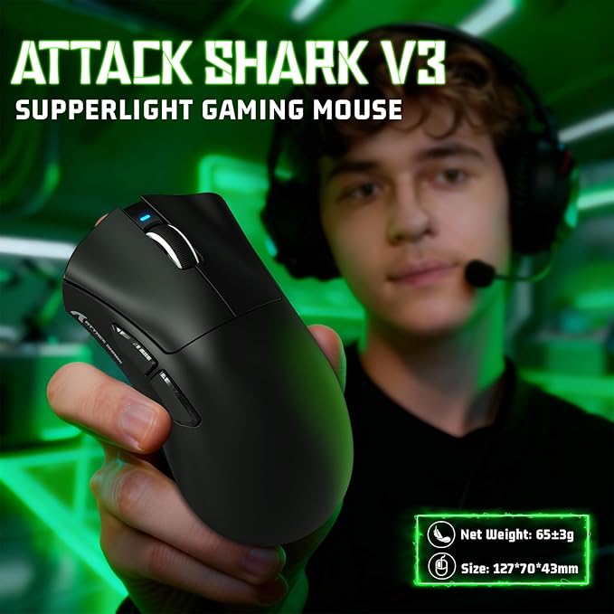 ATTACK SHARK V3 Ultra-Light Wireless Gaming Mouse,PAW3311 Sensor, 500mAh, 62g, 25KDPI 2.4G/BT/USB-C Rechargeable Wireless Mouse with 5 Programmable Buttons for Laptop,PC,Mac Gamer (Black)