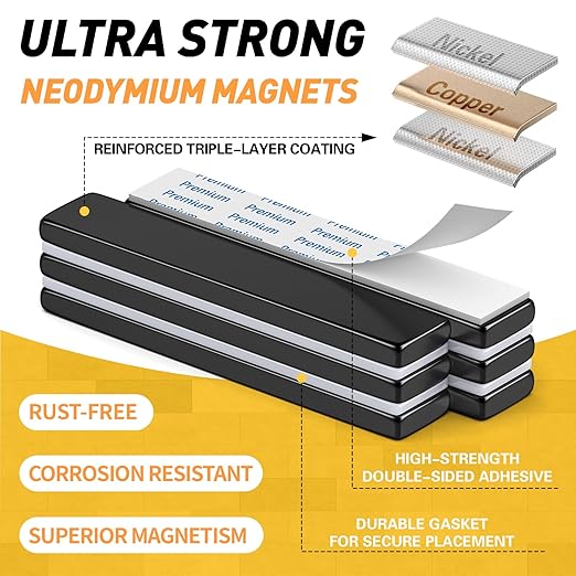6 Pack Super Strong Neodymium Bar Magnets with Double-Sided Adhesive, Strong Magnet Heavy Duty, Magnets with Adhesive Backing for Fridge, Whiteboard - 60x10x3mm - Black