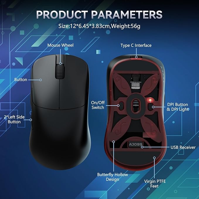 Ajazz AJ099 Superlight Wireless Gaming Mouse, Ergonomic 54g Ultra Lightweight 2.4Ghz/Wired Computer Mouse, PAW3311 12000 DPI Optical Sensor, 200Hrs Battery Programmable Buttons for Win/MAC PC Gamers