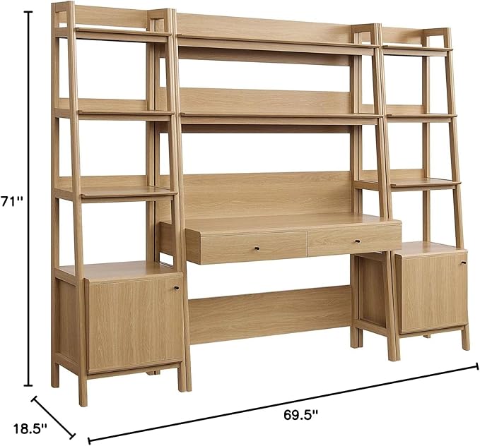 Modway 3-Piece Home Office Desk and Bookshelf Display Case in Oak