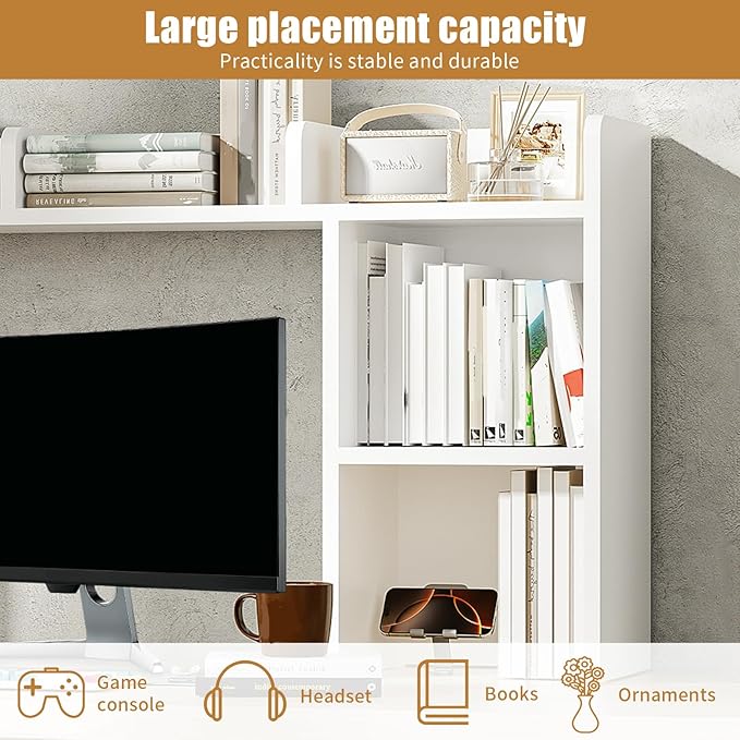AQQHSAIN Desk Storage Hutch Wood Desktop Book Shelf with 5 Shelves Countertop Desk Hutch for Computer Multipurpose Desk Display Rack Desk Shelf Storage Organizer for Office Dorm Office Home