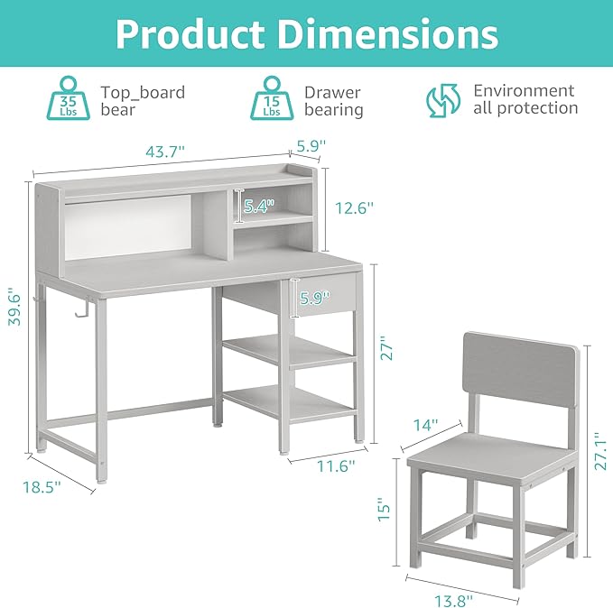 BOLUO Grey Kids Desk and Chair Set for 6-12 Year Old, Children Study Desk with Hutch and Storage Shelf, Student Writing Table with Fabric Drawer for Girls Boys