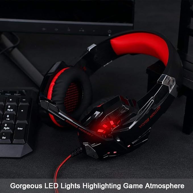 BlueFire Stereo Gaming Headset for PS4, PS5, PC, Xbox One, Noise Cancelling Over Ear Headphones with Mic, LED Light, Bass Surround, Soft Memory Earmuffs for Laptop Nintendo Switch (Black-Red)