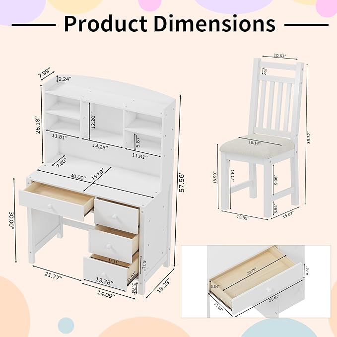 40" Home Executive Desk and Upholstered Chair Set with Bookshelf,Vintage Style Computer Desk with 4 Drawers & Storage Shelf,Study Set for Office, Bedroom or Living Room (White)