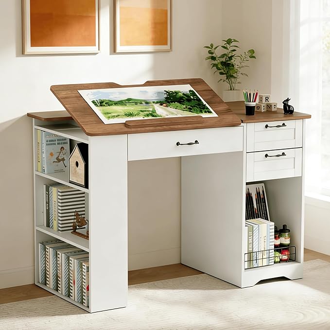 Crafting Table with Storage Cabinet & Drawers, Adjustable Drafting Table with Open Shelves, Drawing Computer Desk, Painting Desk, Workstation for Home Office Reading, Writing, Craftin