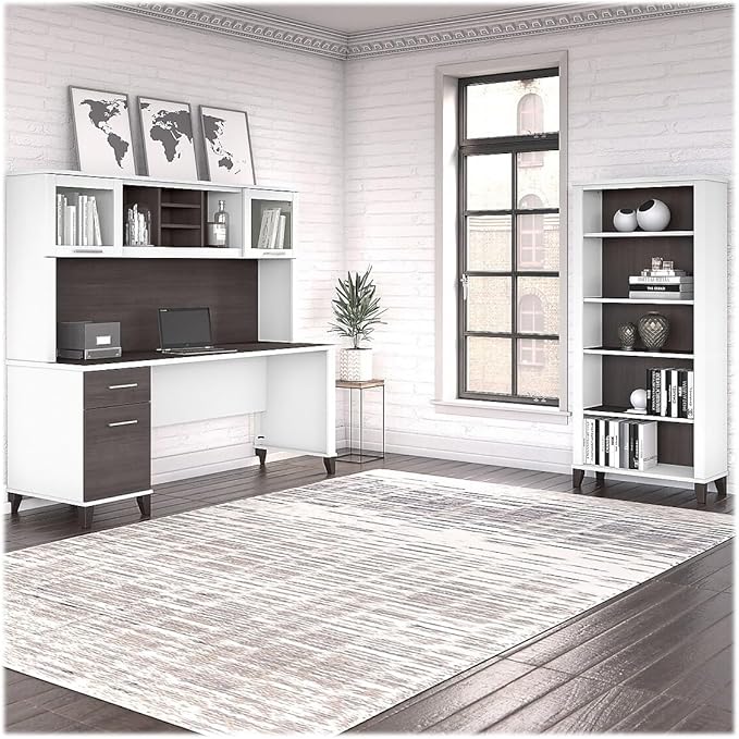 Bush Home Somerset 72W Office Desk with Hutch and 5 Shelf Bookcase in White and Storm Gray
