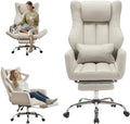 Ergonomic Cross Legged Office Chair with Footrest,Leather Big and Tall Executive Chair with Wheels,Reversible Armrest and Lumbar Pillow,155° Reclining Computer Wide Desk Chair for Home,Office (Beige)