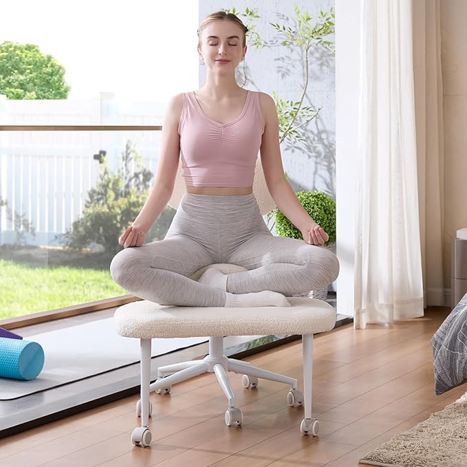 Pinmoco Cross Legged Office Chair with Wheels, Meditation Chair, ADHD Chair for Adults, Wider Height Adjustable Backrest and Seat, Yoga Office Chair, Teddy Fabric, Off White