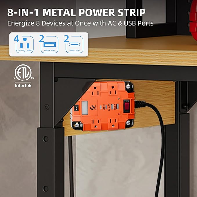 Magnetic Power Strip with Surge Protector, 6FT Power Cord with 360° Rotating Flat Plug, 4 AC Outlets & 4 USB Ports, Dual Magnets & 4 Mounting Holes for Workshop, Home and Office, ETL Listed, Orange