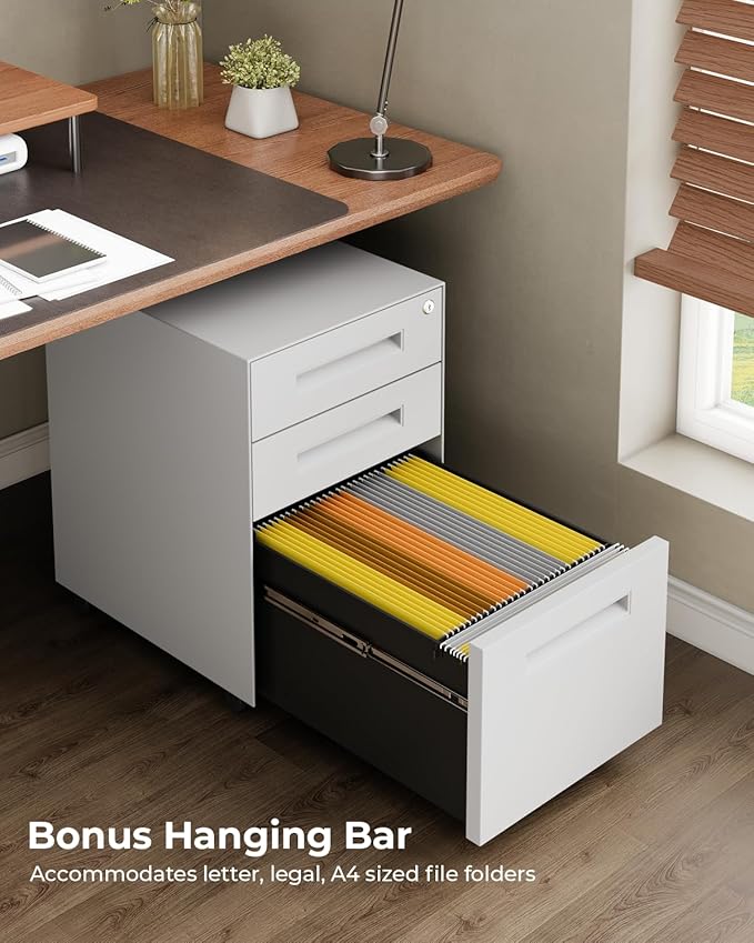 Dripex 3 Drawer White File Cabinet, Mobile Under Desk Storage File Cabinet with Lock on Wheels, Fully Assembled, Letter/Legal Size, Small Short Vertical Metal Rolling Filing Cabinets for Home Office